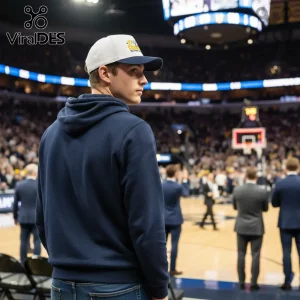 White baseball cap, navy brim, gold '2X CHAMPIONS 2023' graphic! Navy blue hoodie, basketball fan style!