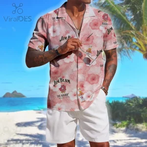 Pink Hawaiian button-up shirt featuring Jim Beam branding, 