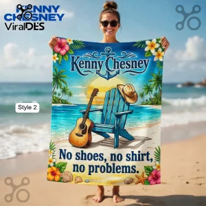 Kenny Chesney beach towel with guitar, chair, and text No shoes, no shirt, no problems in a tropical style!