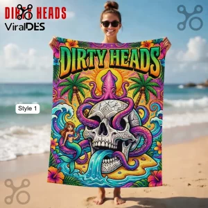 Psychedelic Dirty Heads beach towel with a skull, octopus, palm trees, and mermaid in vibrant tropical colors!