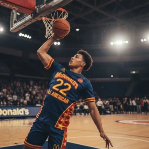 Navy blue Adidas McDonald's 22 ALL AMERICAN basketball jersey with yellow text and red star side panels!
