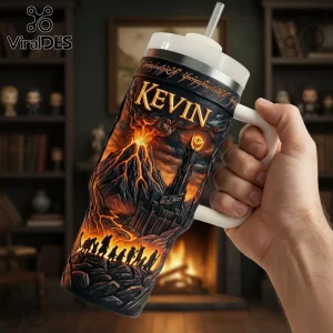 Your new fantasy tumbler features dark Lord of the Rings style design with glowing lava, Mount Doom, Sauron's Eye, the Fellowship, gold KEVIN text, and Elvish script!