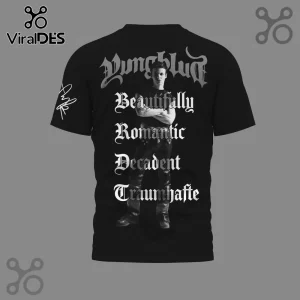 Black gothic band tee with white text 'Wunschkind Beautifully Romantic Decadent Traumhafte' and a man in black and white.!