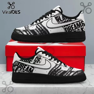 Black and white custom sneakers with a grunge, street style American flag and bold text design reading DREAMS and HOPE!
