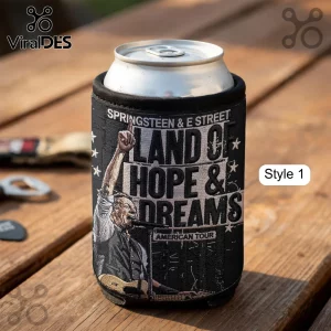 Black can koozie with Bruce Springsteen graphic and text 'Land of Hope & Dreams American Tour' in a vintage, distressed style!