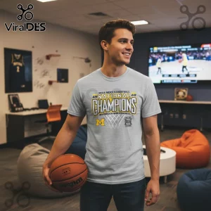Light gray t-shirt with bold yellow and black championship design! NCAA MEN'S BASKETBALL 2U NATIONAL CHAMPIONS MICHIGAN WOLVERINES M FINAL FOUR INDIANAPOLIS!
