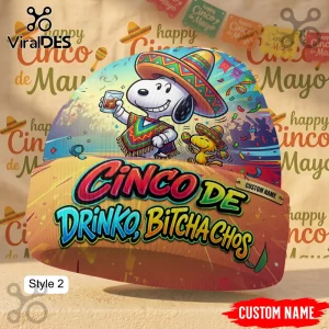 Snoopy parody beanie with text Cinco De Drinko Bitchachos! Colorful cartoon dog and bird in sombreros for a Cinco de Mayo party!