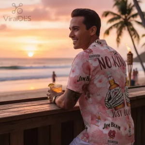 Pink Hawaiian Jim Beam Bourbon shirt with skeleton hands, tropical flowers, and 'NO KIND JUST BOURBON' text!