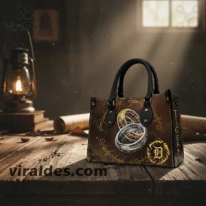 Brown fantasy handbag with gold, silver rings, Elvish script, golden D logo, and 