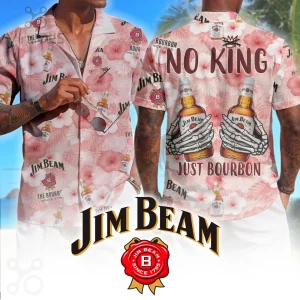 Pink Hawaiian shirt with white hibiscus and Jim Beam bottles! NO KING JUST BOURBON in brown text on back! JIM BEAM SINCE 1795 logos!