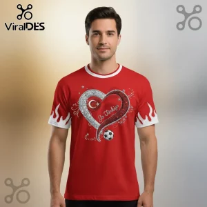 Turkiye Football Fan T-Shirt, Go Turkiye Heart Soccer Ball Flame Design