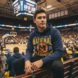 Navy Michigan NCAA Men's Basketball National Champions hoodie with orange M basketball logo and yellow text!