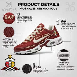 Maroon Air Max Plus sneaker with gold accents, features KAPPA ALPHA PSI text, ΚΑΨ Greek letters, and a fraternity crest!