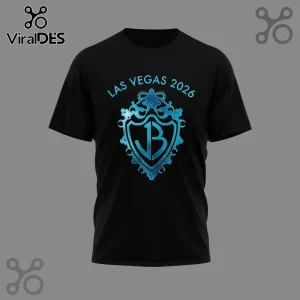 Black t-shirt with a metallic blue JB monogram crest and 