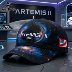 Black baseball cap with blue purple galaxy print and embroidered Artemis II 2026 text and USA flag patch!