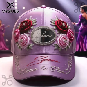 Purple hat with red and pink roses, rhinestones, and silver plaque! Text says Selena and Como la Flor!