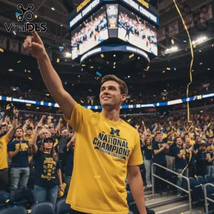 Yellow college sports graphic tee with blue text: 38th NCAA MEN'S BASKETBALL M NATIONAL CHAMPIONS MICHIGAN WOLVERINES!