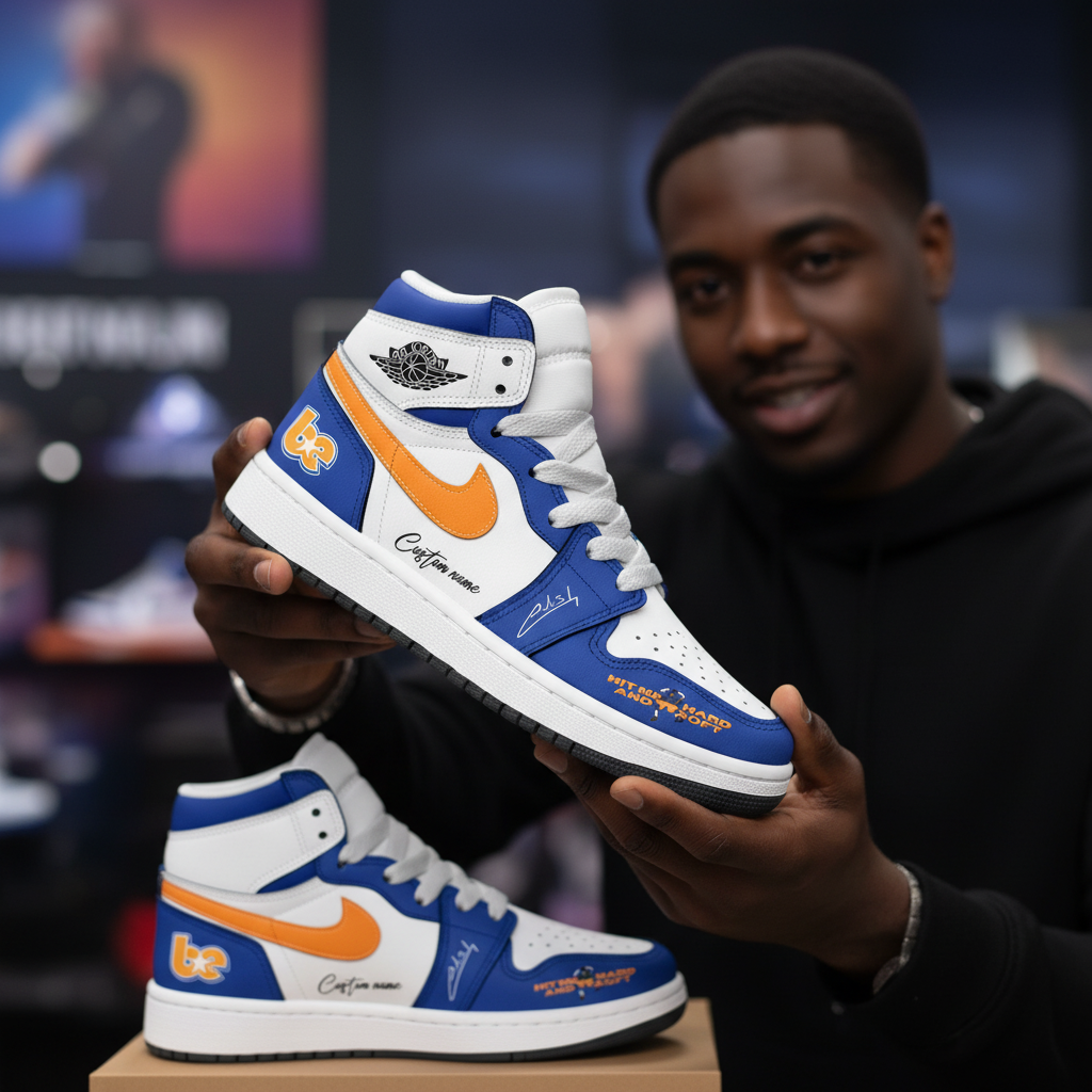 Custom Billie Eilish Live In 3D Merch Air Jordan 1 High-Top sneakers in blue and orange