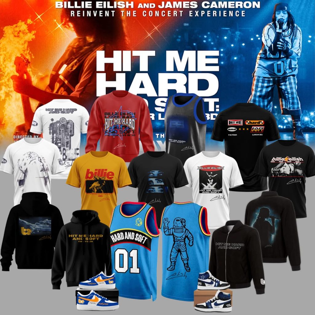 Full lineup of Billie Eilish Live In 3D Merch including jerseys, hoodies, and sneakers