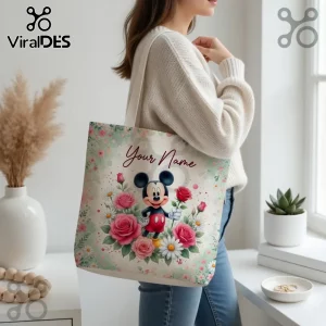 Personalized Mickey Mouse Floral Custom Name Tote Bag for Women