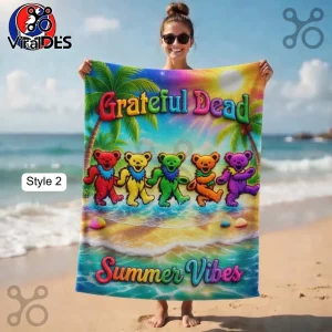 Colorful Grateful Dead beach towel with five dancing bears and 'Summer Vibes' text on a tropical beach scene!