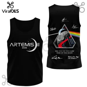 Black tank top with white Artemis II 2026 logo on front! Back has a Dark Side of the Moon parody with astronaut names!