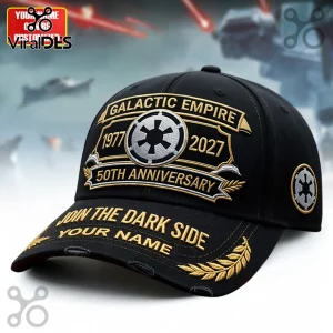 Black distressed cap with gold embroidery featuring 