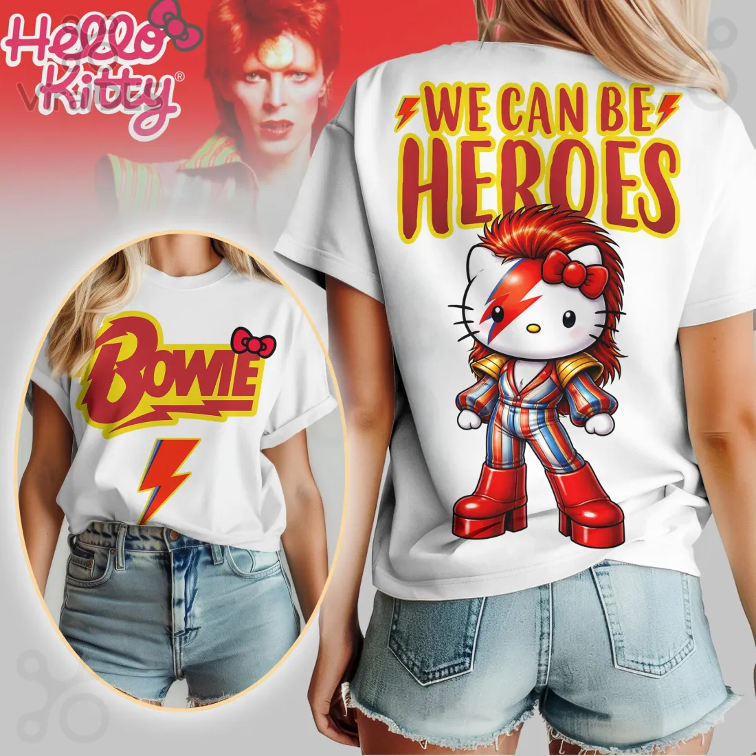 David Bowie Hello Kitty Ziggy Stardust Heroes Song Mashup T-Shirt David Bowie Hello Kitty Ziggy Stardust Heroes Song Mashup T-Shirt