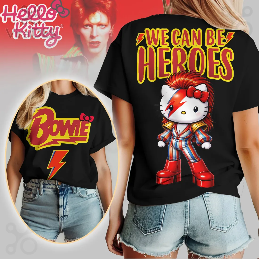 David Bowie Hello Kitty Ziggy Stardust Heroes Song Mashup T-Shirt David Bowie Hello Kitty Ziggy Stardust Heroes Song Mashup T-Shirt