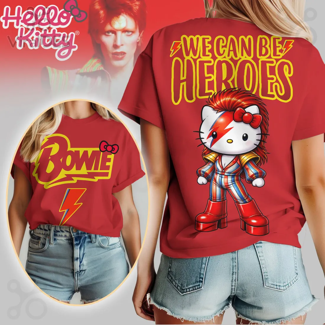 David Bowie Hello Kitty Ziggy Stardust Heroes Song Mashup T-Shirt David Bowie Hello Kitty Ziggy Stardust Heroes Song Mashup T-Shirt