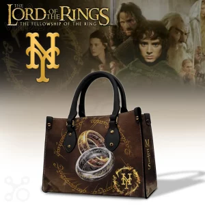 Brown leatherette handbag with black straps! Features silver and gold rings, Elvish script, and a golden NY Mets logo! METS text on side!