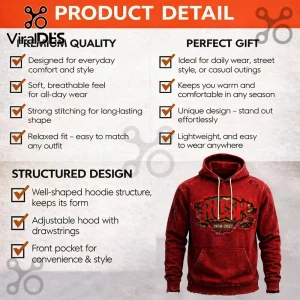 Red distressed hoodie with a ripped fabric effect showing a gold and black RUSH 1968-2027 logo!
