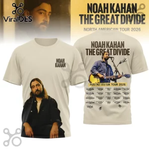 Off-white Noah Kahan The Great Divide Tour 2026 tee with retro artist photos and concert dates on the front and back!
