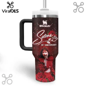 Red tumbler with Selena singing in a red outfit, red roses, and white script text 'Selena 30th Anniversary'!