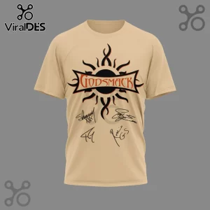 Tan t-shirt with Godsmack tribal sun logo in black and red text and band member signatures in black script!