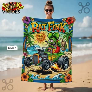 A blue beach towel with retro Rat Fink art! Green monster in a flamed hot rod on a tropical beach with yellow text 'Rat Fink'!