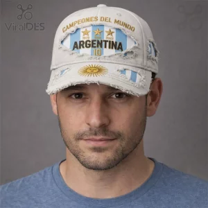 Distressed white baseball cap with light blue stripes and gold accents! Features 'CAMPEONES DEL MUNDO', 3 gold stars, 'ARGENTINA', and '10'!