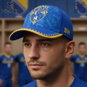Blue and yellow BIH soccer cap with a dragon crest holding a football! Text reads ZMAJEVI on the front and BIH on the side!
