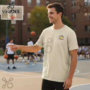 Light beige t-shirt featuring a blue 'NATIONAL' text, a yellow star, and yellow 'Champions' script, collegiate sports style!