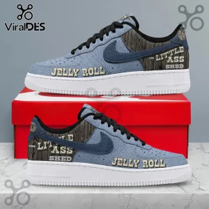 Custom sneakers with blue denim texture, wood heel panel, and text reading 