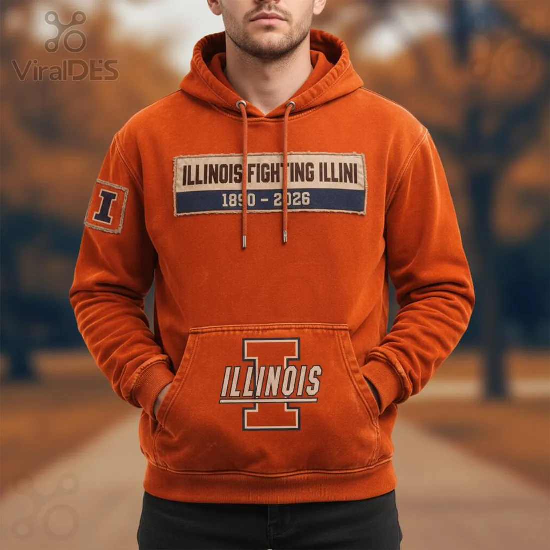 Illinois Fighting Illini Vintage Distressed 1890-2026 Patch Graphic Hoodie Illinois Fighting Illini Vintage Distressed 1890-2026 Patch Graphic Hoodie