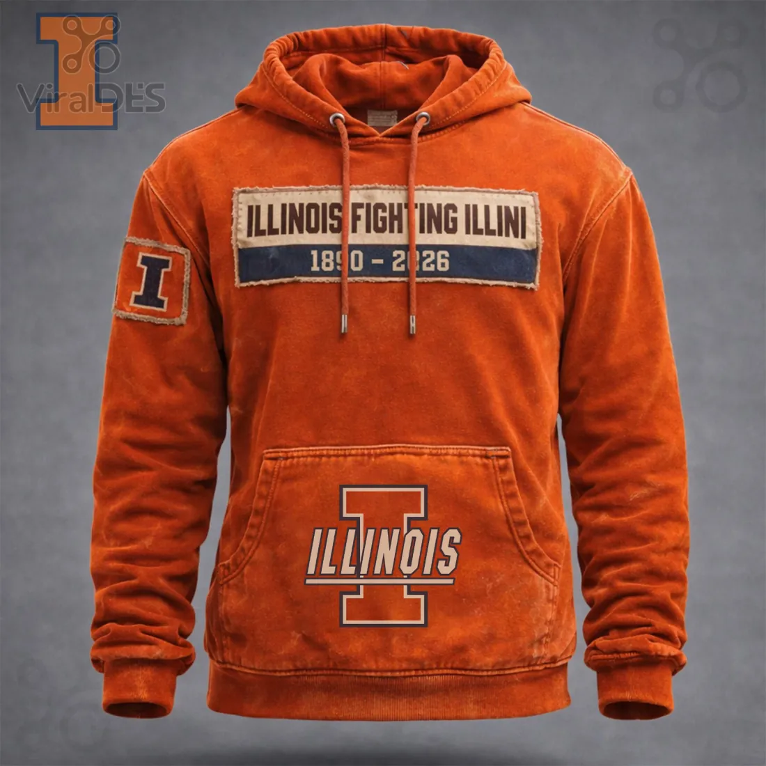 Illinois Fighting Illini Vintage Distressed 1890-2026 Patch Graphic Hoodie Illinois Fighting Illini Vintage Distressed 1890-2026 Patch Graphic Hoodie