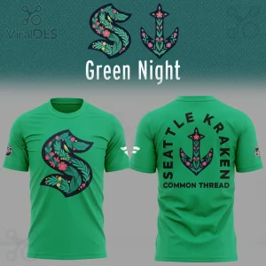 Green tee with floral Seattle Kraken S logo front, floral anchor back with