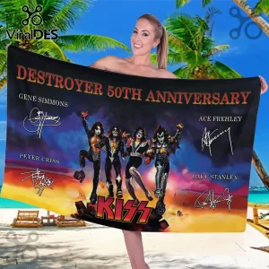 KISS Destroyer 50th Anniversary Band Signatures Beach Towel