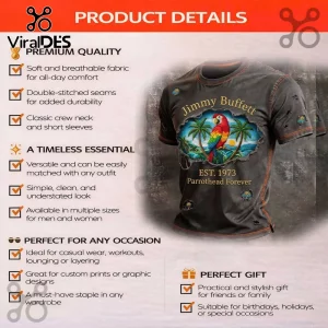 Distressed grey Jimmy Buffett t-shirt with a parrot, palm trees, and text 'EST. 1973 Parrothead Forever'!