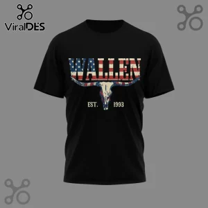 Retro black t-shirt with WALLEN in an American flag design over a bull skull and EST 1993 text!