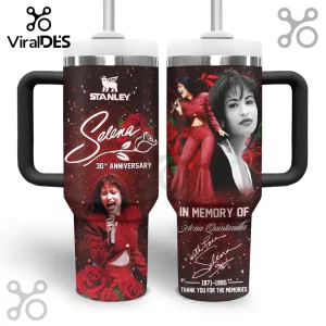 Selena Quintanilla 30th Anniversary tumbler in red and black with text 'In Memory Of' and red roses memorial design!