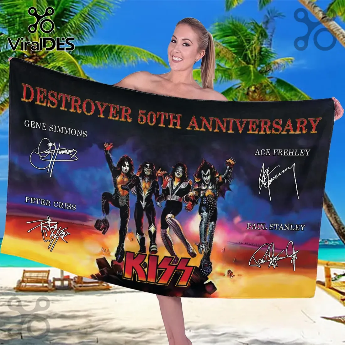 KISS Destroyer 50th Anniversary Band Signatures Beach Towel KISS Destroyer 50th Anniversary Band Signatures Beach Towel