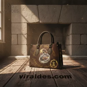 Brown fantasy tote bag with gold and silver Rings design, ancient script detailing, and 'ANGELS' text on side!