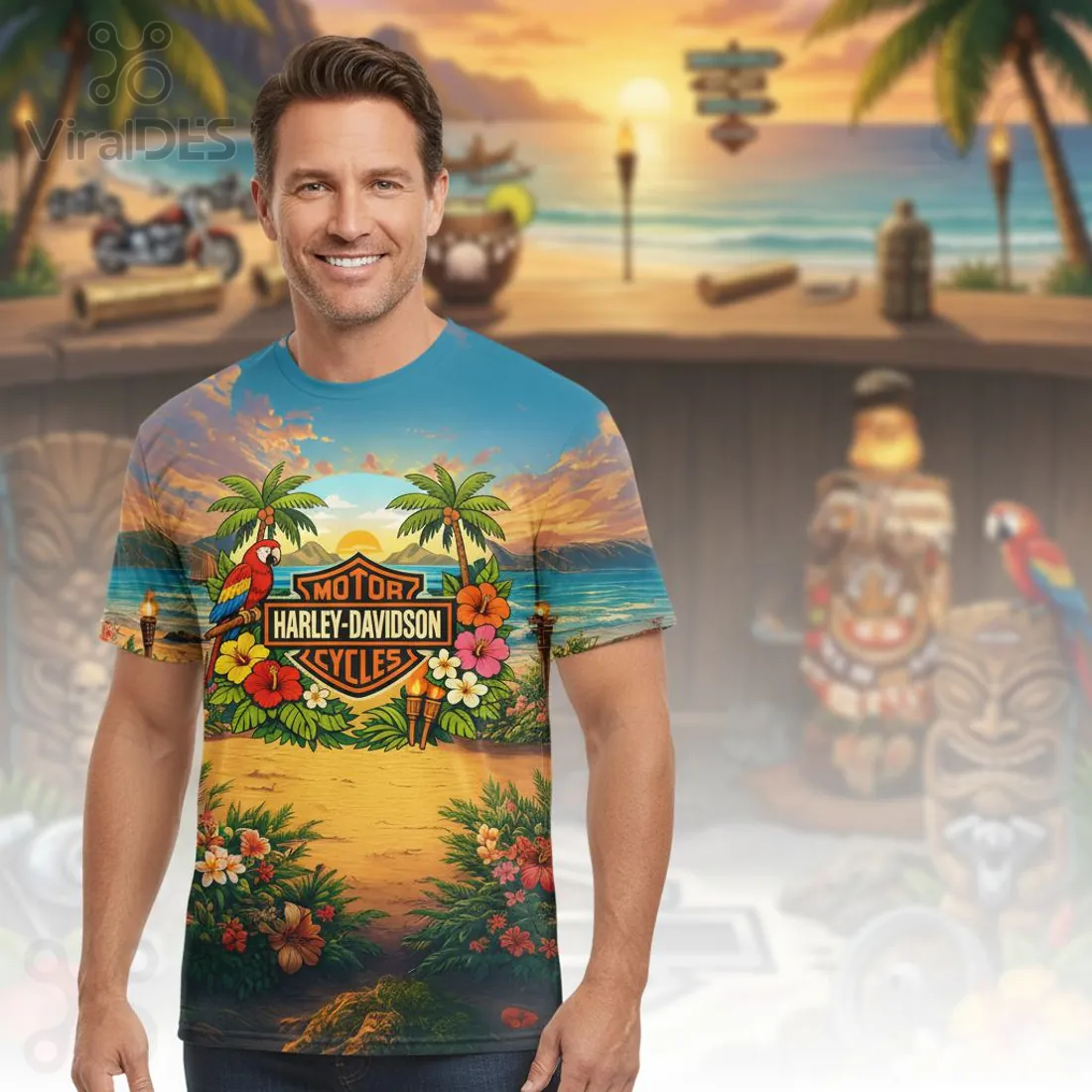 MOTOR HARLEY-DAVIDSON CYCLES Tropical Beach Full Print T-Shirt MOTOR HARLEY-DAVIDSON CYCLES Tropical Beach Full Print T-Shirt